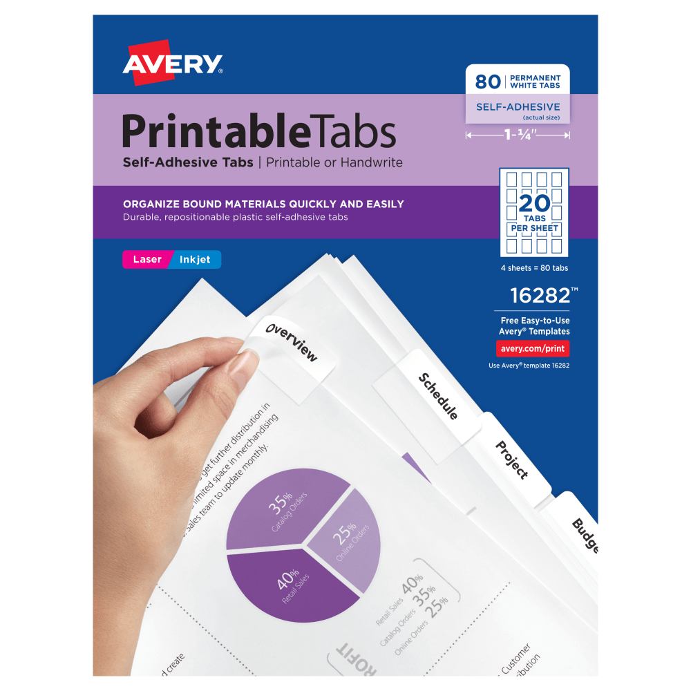 Avery Printable Self-Adhesive Tabs, White, Pack Of 80