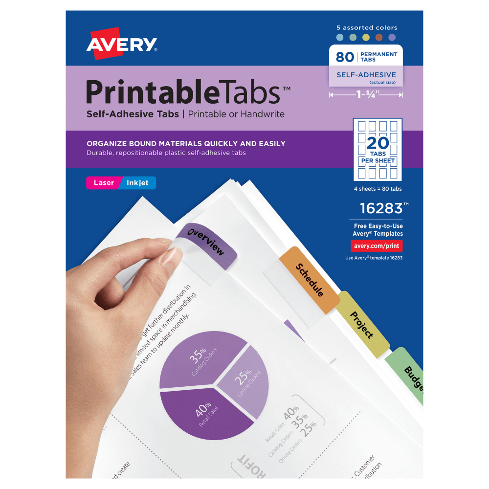 Avery Printable Self-Adhesive Tabs, Multicolor, Pack Of 80