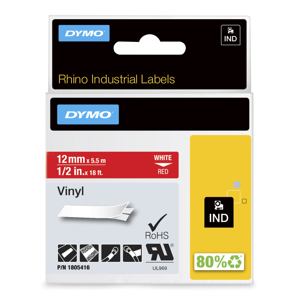 DYMO Rhino Vinyl Label Tape, 1/2in x 18in, White/Red