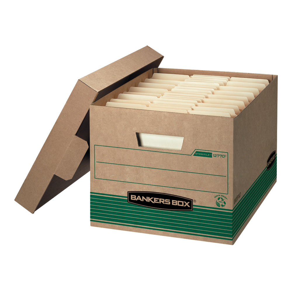 Bankers Box Stor/File Medium-Duty Storage Boxes With Locking Lift-Off Lids And Built-In Handles, Letter/Legal Size, 15in x 12in x 10in, 100% Recycled, Kraft/Green, Case Of 12