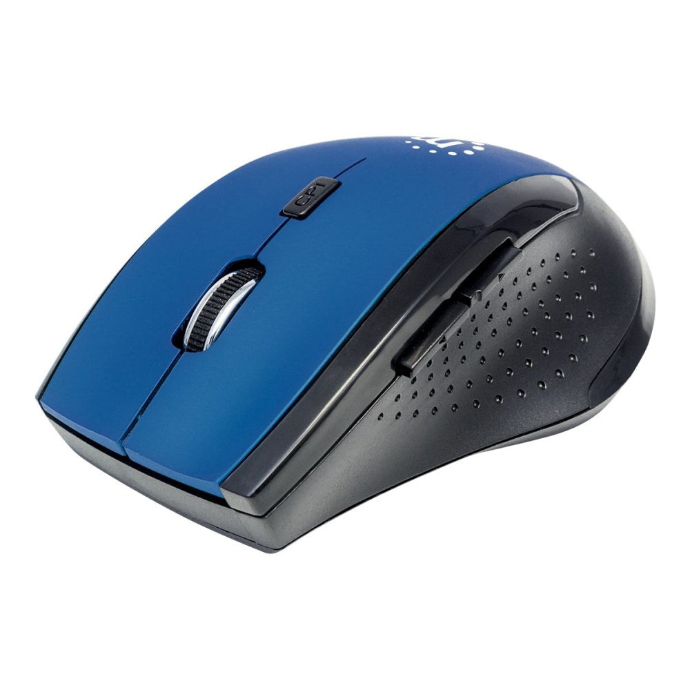 Manhattan Curve Wireless Mouse, Blue/Black, Adjustable DPI (800, 1200 or 1600dpi), 2.4Ghz (up to 10m), USB, Optical, Five Button with Scroll Wheel, USB micro receiver, 2x AAA batteries (included), Low friction base, Three Year Warranty, Blister