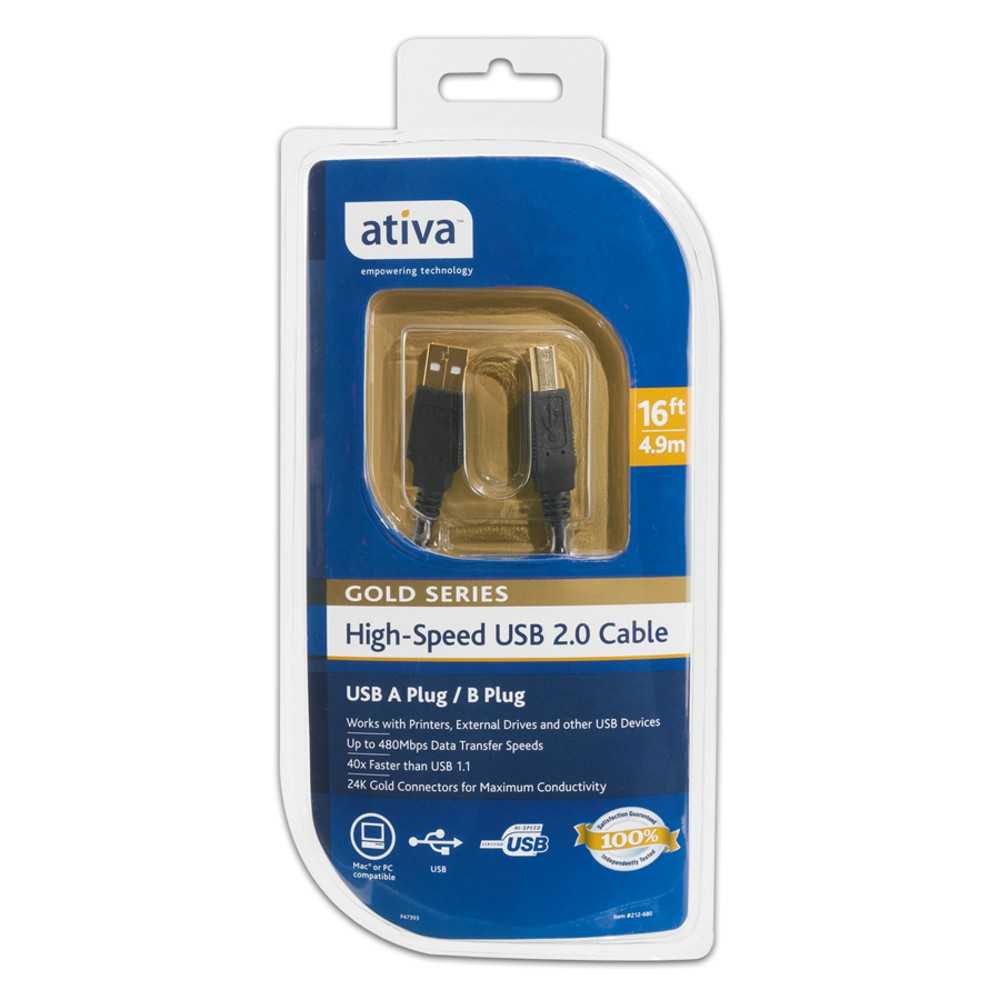 Ativa Gold Series USB A/B Device Cable, 16ft, Black
