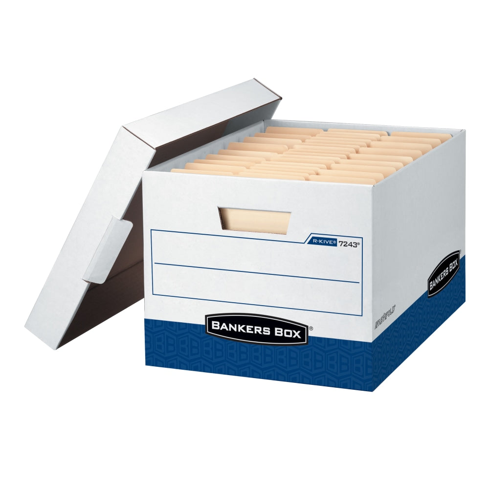 Bankers Box R Kive FastFold Heavy-Duty Storage Boxes With Locking Lift-Off Lids And Built-In Handles, Letter/Legal Size, 15D x 12in x 10in, 60% Recycled, White/Blue, Case Of 4