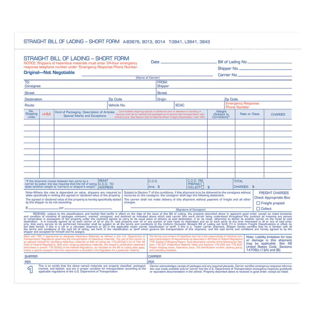 Adams Bill Of Lading Forms, 7 5/8in x 11in, 3-Part, Pack Of 250