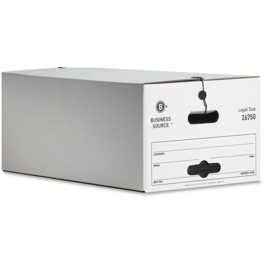 Business Source Light Duty Legal Size Storage Box - External Dimensions: 15in Width x 24in Depth x 10inHeight - Media Size Supported: Legal - String/Button Tie Closure - Light Duty - Stackable - White - For File - Recycled - 12 / Carton