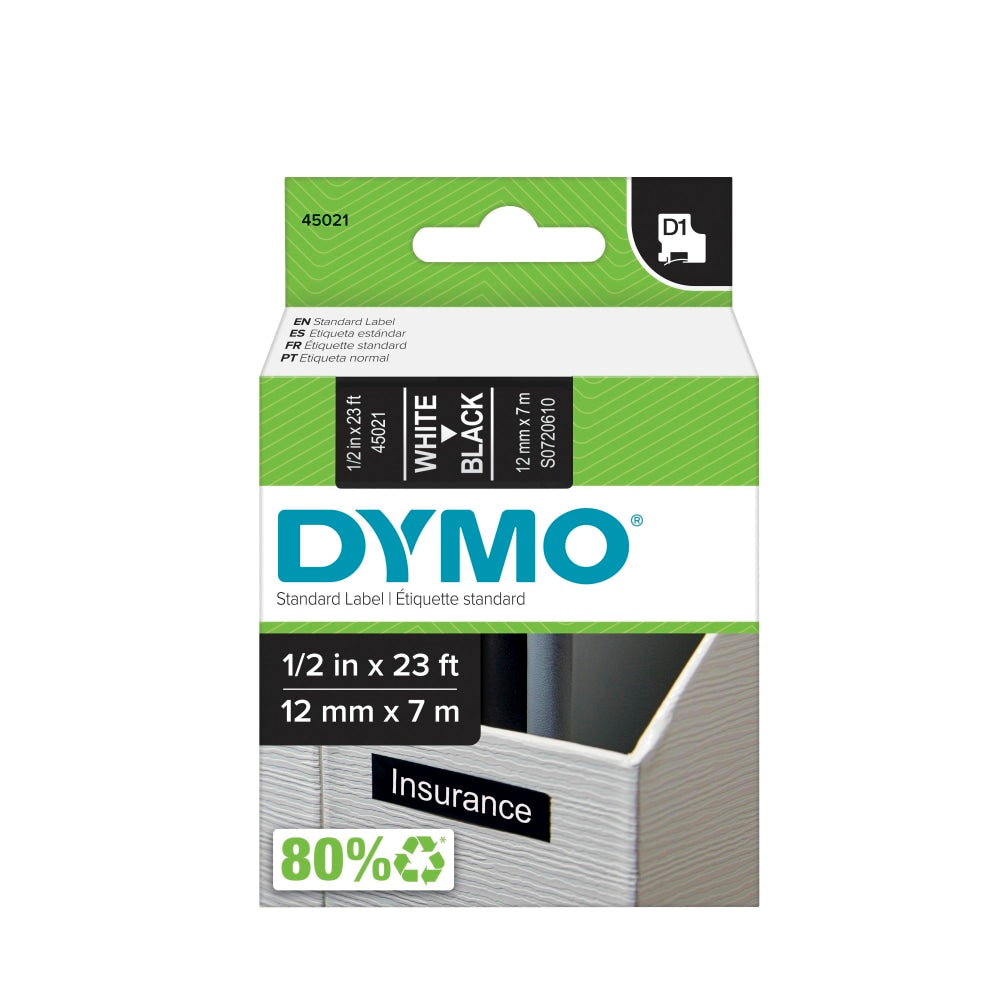 DYMO D1 45021 White-On-Black Tape, 0.5in x 23ft