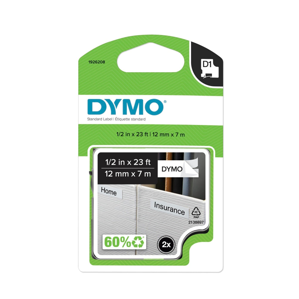 DYMO D1 45013 Black-On-White Tape, 0.5in x 23ft, Pack Of 2