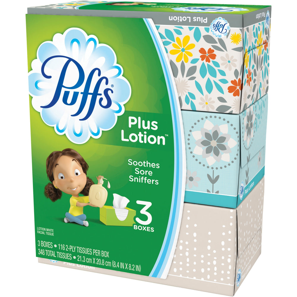 Puffs Plus Lotion Facial Tissues, 2 Ply, White, Case Of 3 Boxes