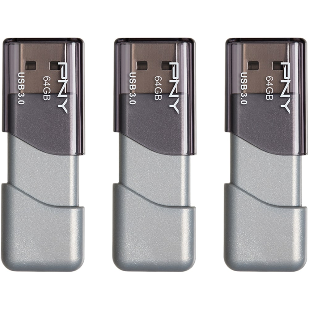 PNY Turbo Attache 3 USB 3.0 Flash Drive, 64 GB, Silver, Pack Of 3