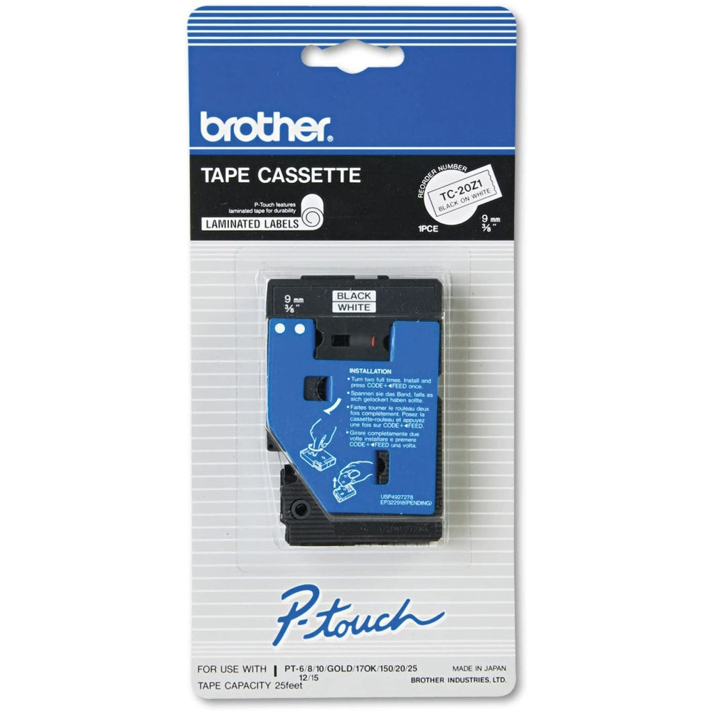 Brother TC-20Z1 Black-On-White Tape, 0.38in x 25ft