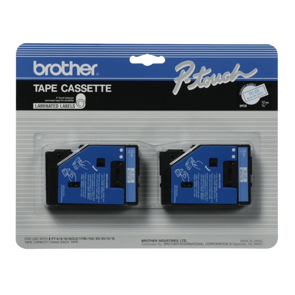 Brother TC-22 Blue-On-White Tapes, 0.5in x 25ft, Pack Of 2