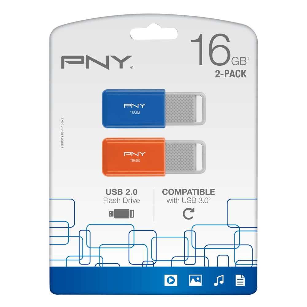 PNY USB 2.0 Flash Drives,16GB, Assorted, Pack Of 2
