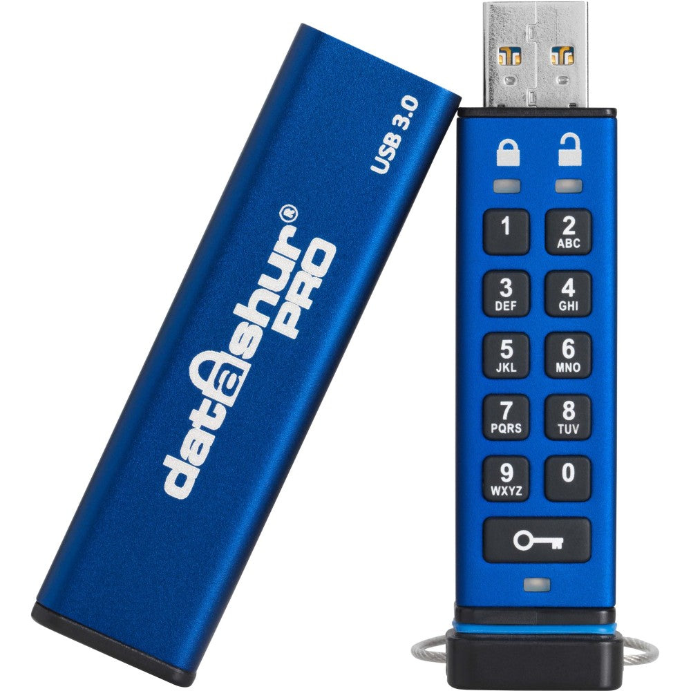 iStorage datAshur PRO 8 GB | Secure Flash Drive | FIPS 140-2 Level 3 Certified | Password protected | Dust/Water Resistant | IS-FL-DA3-256-8 - 8 GB - USB 3.2 (Gen 1) Type A - 169 MB/s Read Speed - 135 MB/s Write Speed - Blue - 256-bit AES