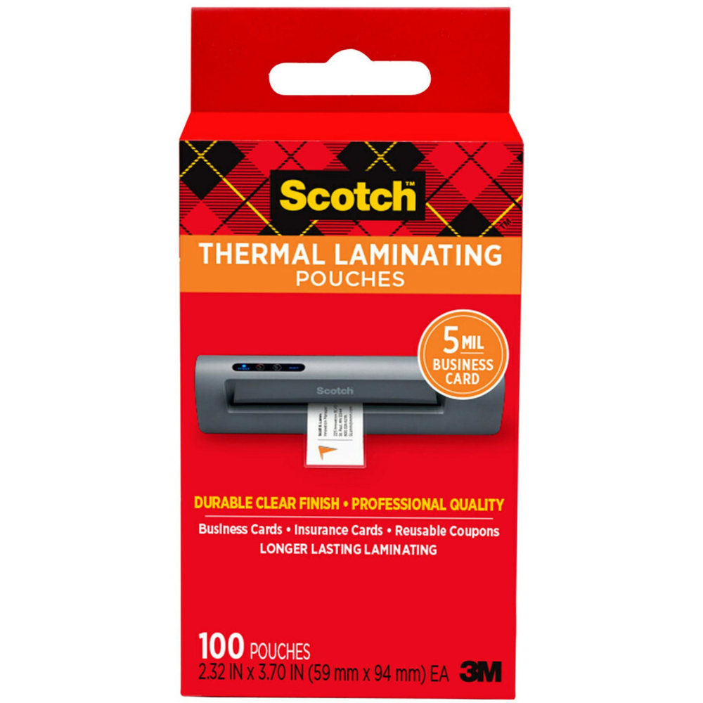 Scotch Thermal Laminating Pouches, 100 Laminating Sheets, 5 mil., Laminate Business Cards, Banners and Essays, Ideal Office or Back to School Supplies, Fits Business Card Size (2.32 in. x 3.7 in.) Paper
