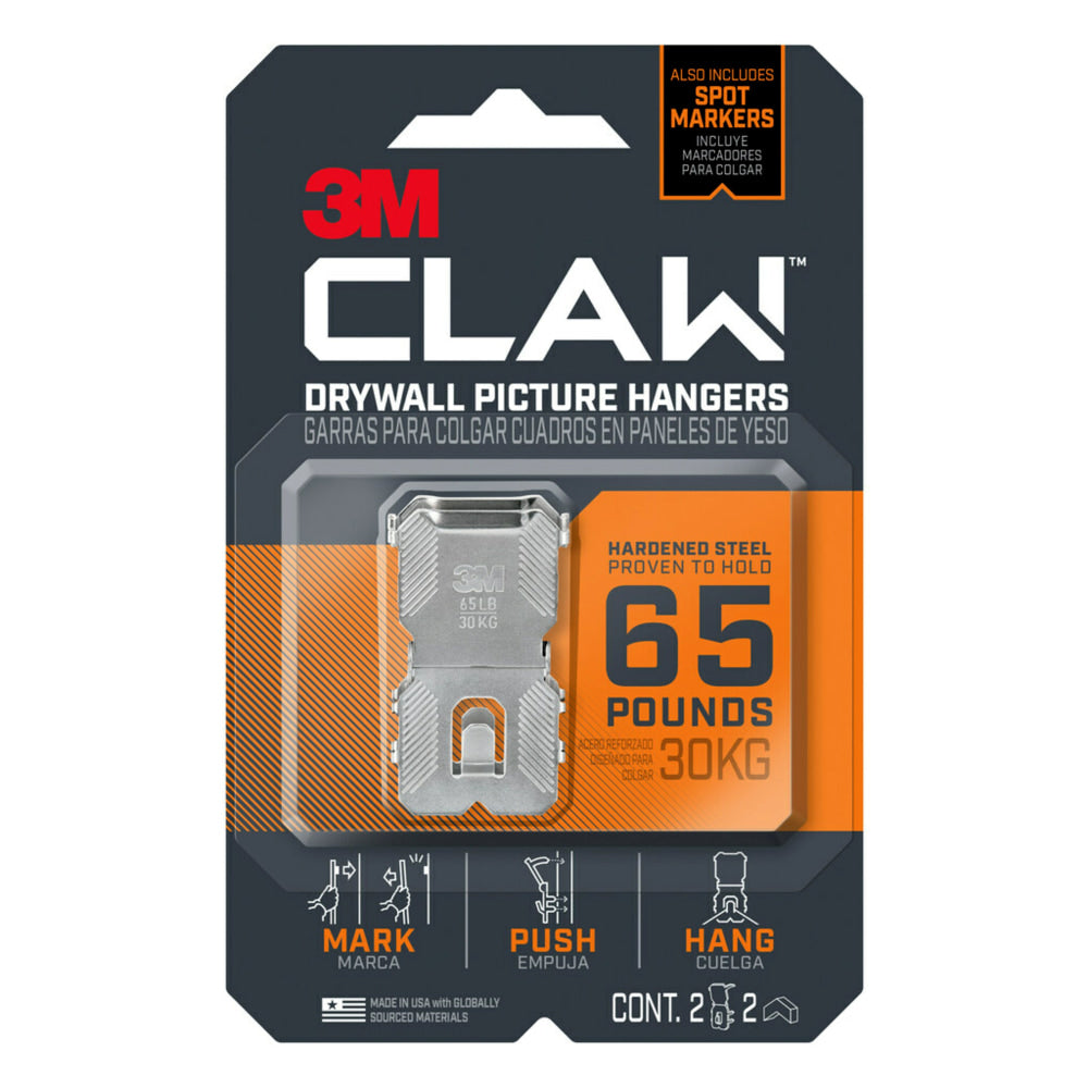 3M CLAW Drywall Picture Hangers, 65 Lb, Pack Of 2 Hangers