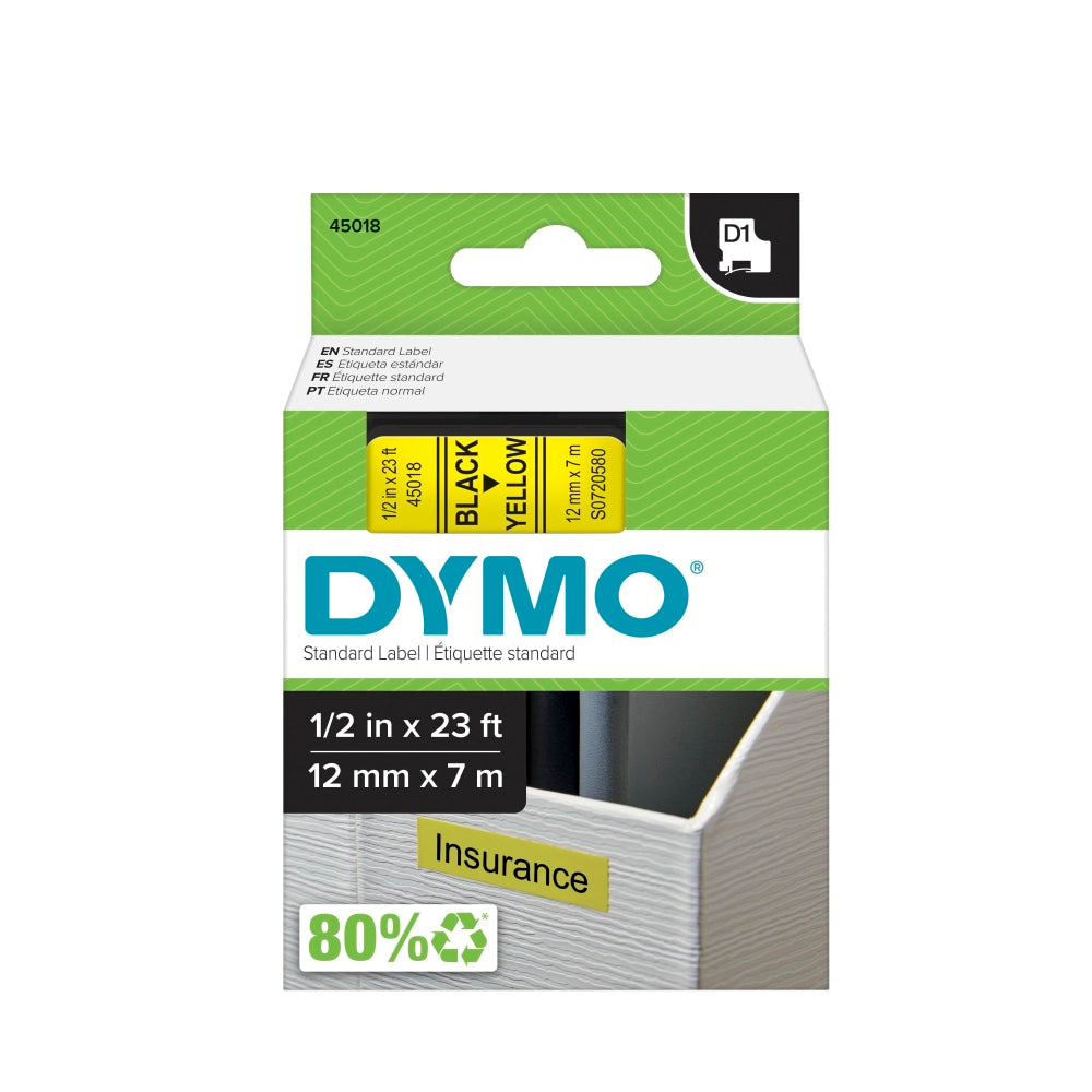 DYMO D1 45018 Black-On-Yellow Tape, 0.5in x 23ft