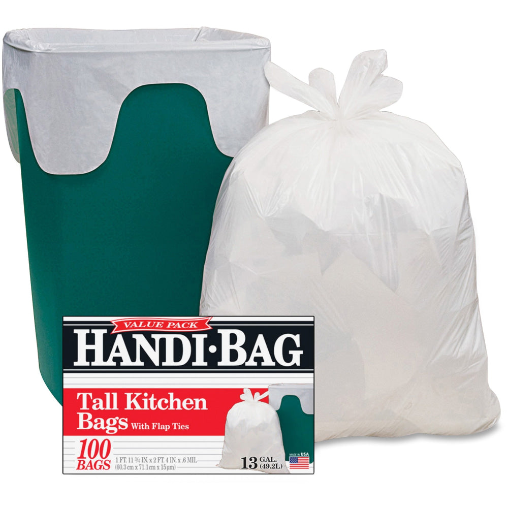 Berry Handi-Bag Flap Tie Tall Kitchen Bags - Small Size - 13 gal Capacity - 23.50in Width x 29in Length - 0.60 mil (15 Micron) Thickness - White - Hexene Resin - 6/Carton - 100 Per Box - Home, Office, Kitchen