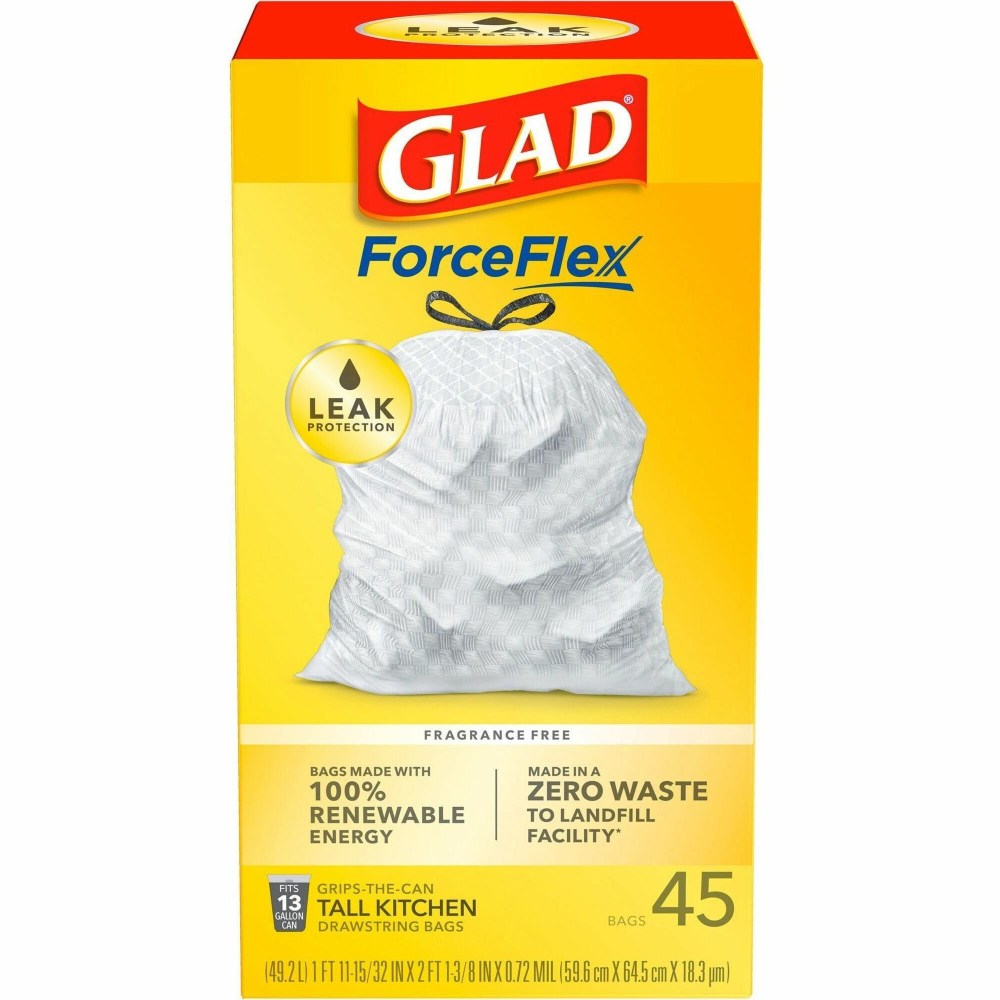 Glad ForceFlex Tall Kitchen Drawstring Trash Bags - 13 gal Capacity - 24in Width x 27in Length - 1 mil (25 Micron) Thickness - Drawstring Closure - White - Plastic - 45/Box - Kitchen, School, Office, Restaurant, Breakroom, Waste Disposal