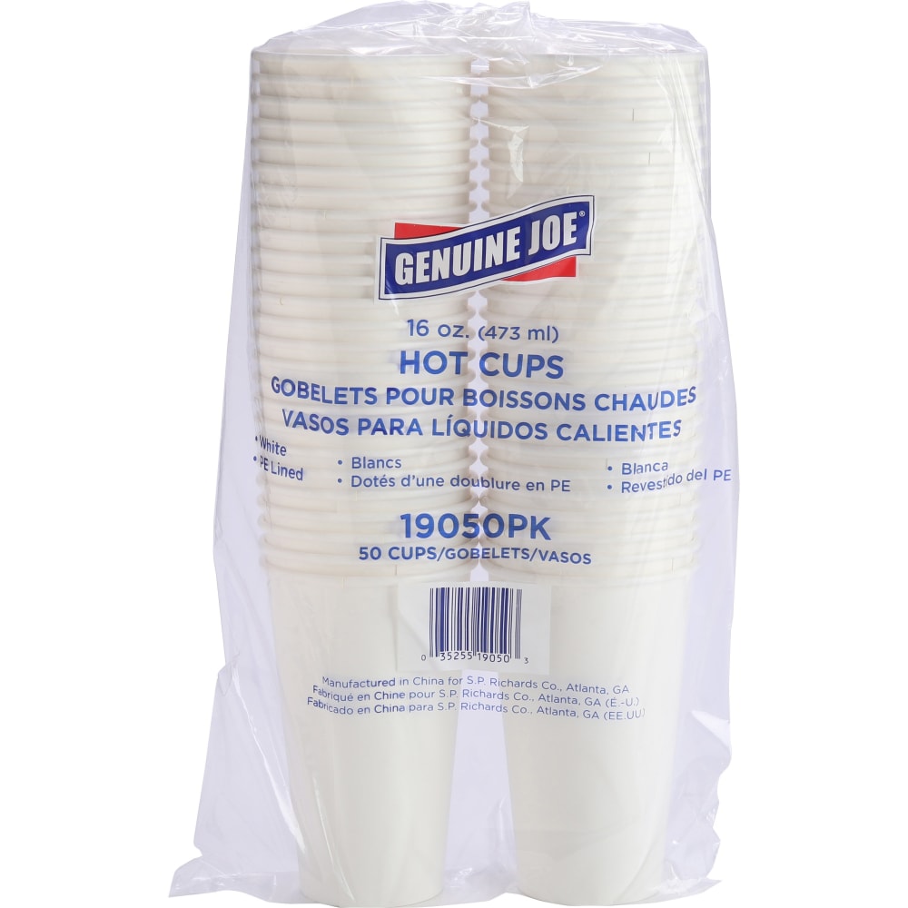 Genuine Joe Disposable Hot Cups, 16 Oz, White, Pack Of 50