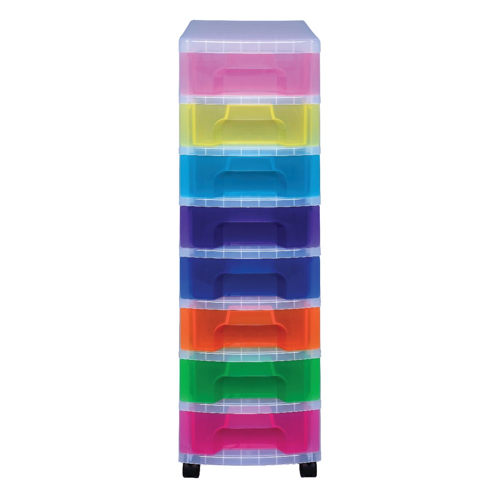 Really Useful Box Plastic 8-Drawer Storage Tower, 7 Liters, 36 1/2in x 15 3/4in x 12in, Clear/Rainbow