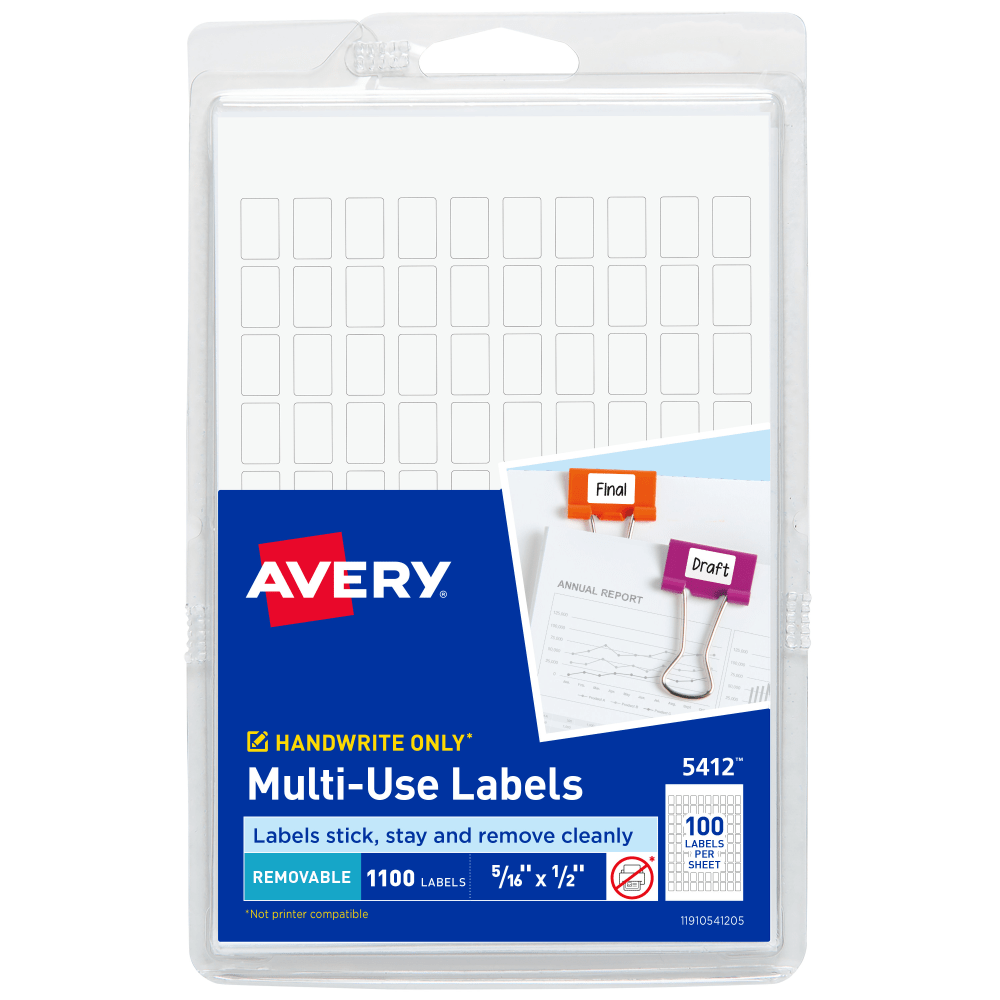 Avery Removable Multipurpose Labels, 5412, 5/16in x 1/2in, White, Pack Of 1,100