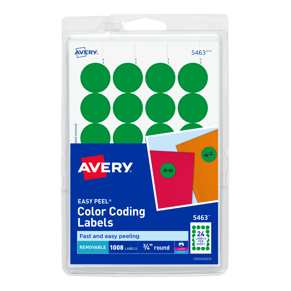 Avery Removable Color-Coding Labels, 5463, Round, 3/4in Diameter, Green, Pack Of 1,008