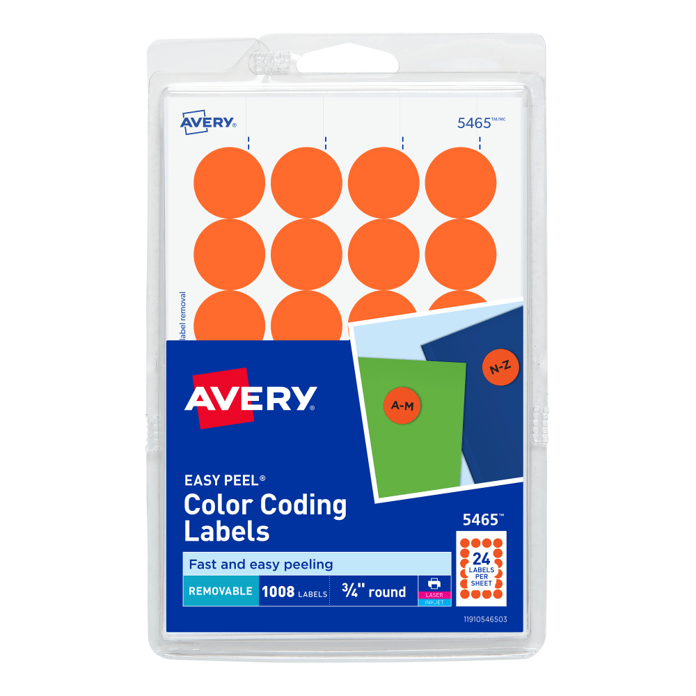 Avery Removable Color-Coding Labels, 5465, Round, 3/4in Diameter, Orange, Pack Of 1,008