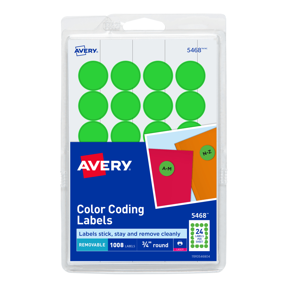 Avery Removable Color-Coding Labels, 5468, Round, 3/4in Diameter, Neon Green, Pack Of 1,008