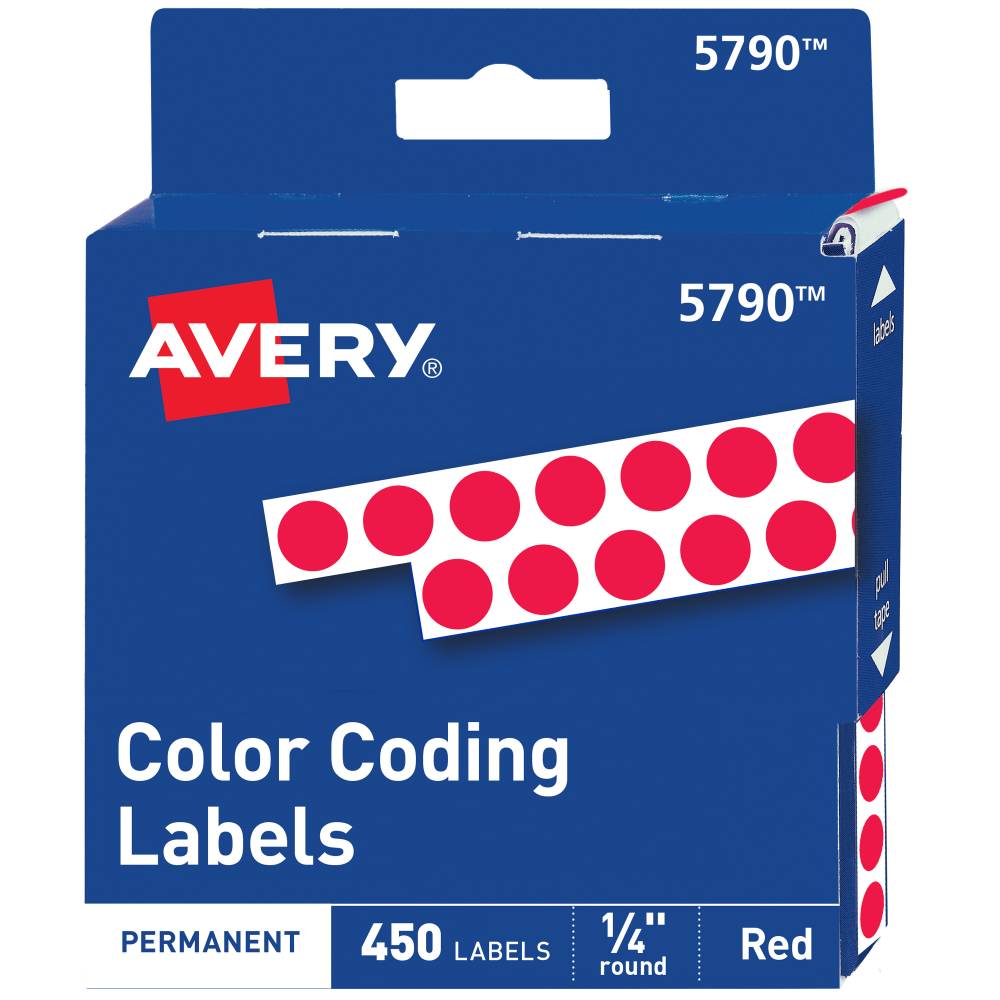 Avery Permanent Round Color-Coding Labels, 5790, 1/4in Diameter, Red, Pack Of 450