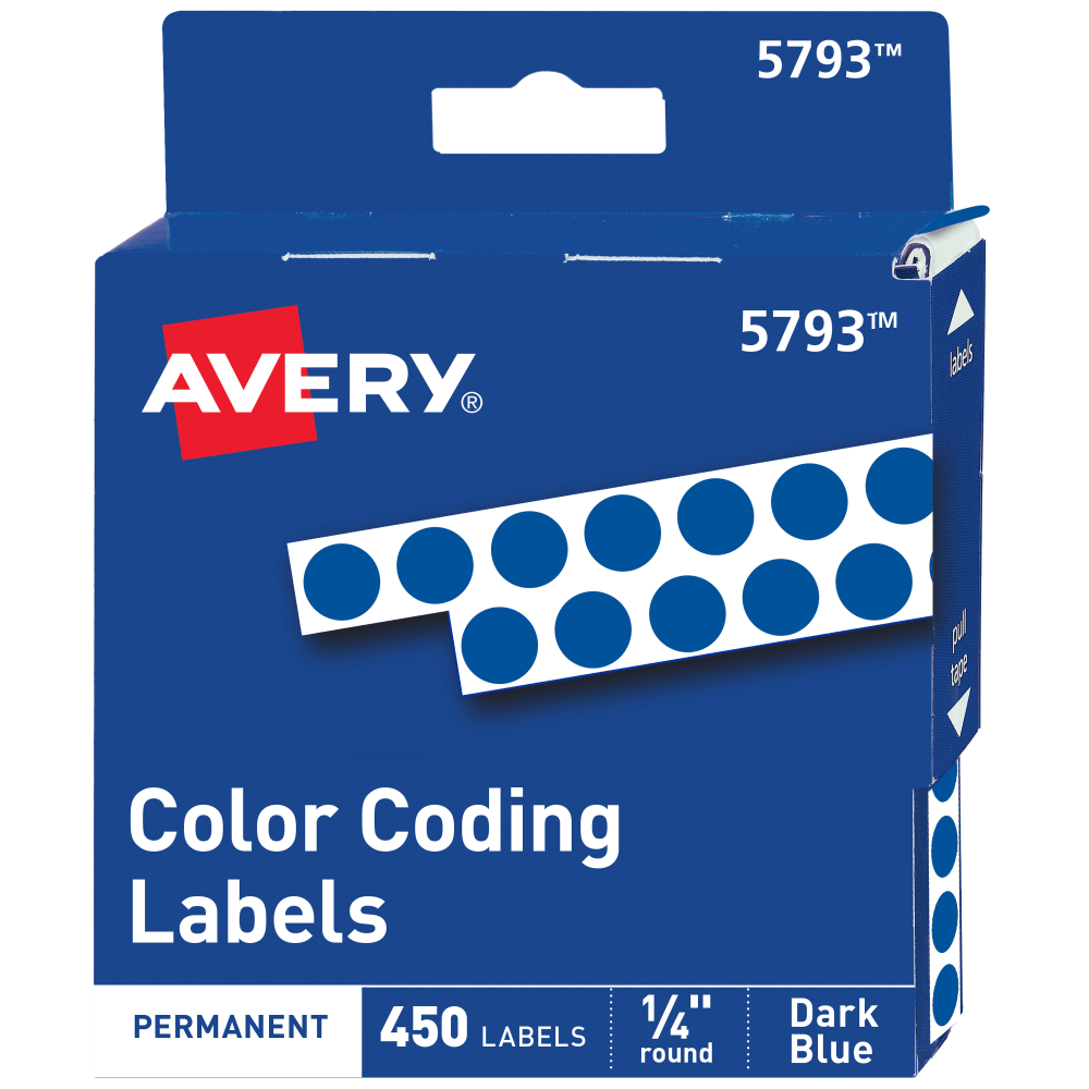 Avery Color-Coding Permanent Labels, Non-Printable, 5793, Round, 1/4in Diameter, Dark Blue, Pack Of 450 Dot Stickers