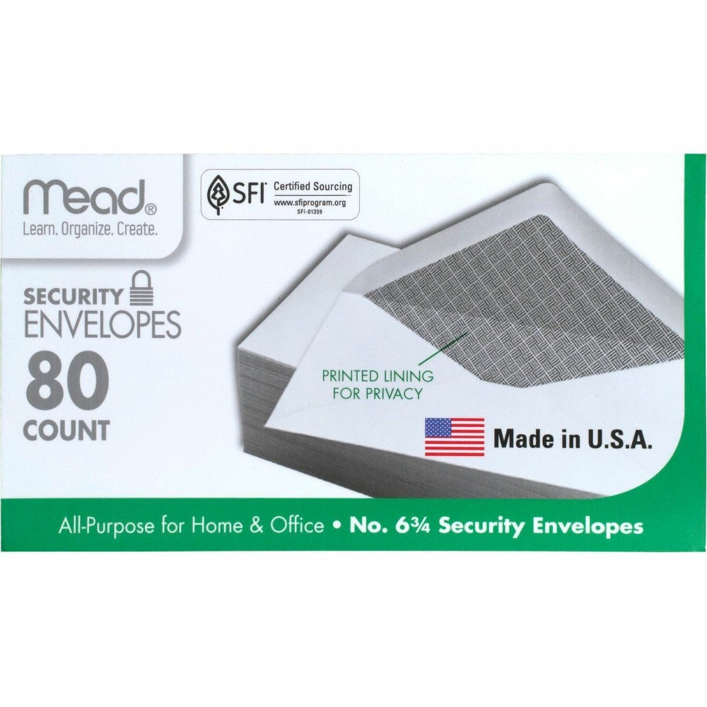 Mead White Security Envelopes - Security - #6 3/4 - 6 1/2in Width x 3 5/8in Length - 20 lb - Gummed - Wove - 80 / Box - White