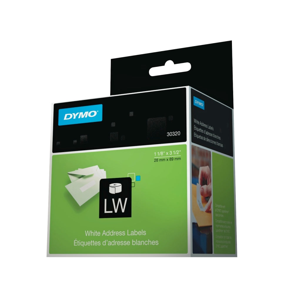 DYMO LabelWriter Address Labels, 30320, 1in Core, 1.13in x 3.5in, White, 260 Per Roll, Box Of 2 Rolls