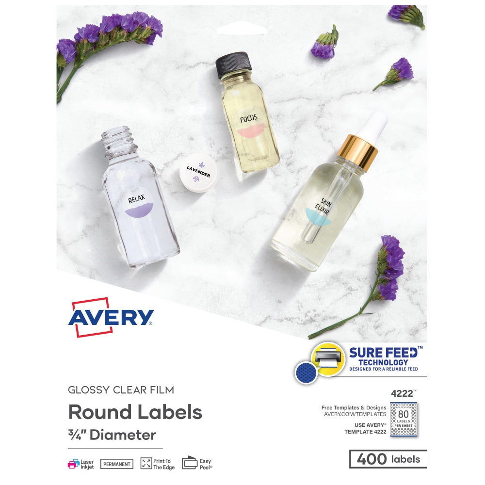 Avery Glossy Clear Print-to-the-Edge Easy Peel Labels With Sure Feed Technology, 4222, Round, 3/4in Diameter, Clear, Pack Of 400