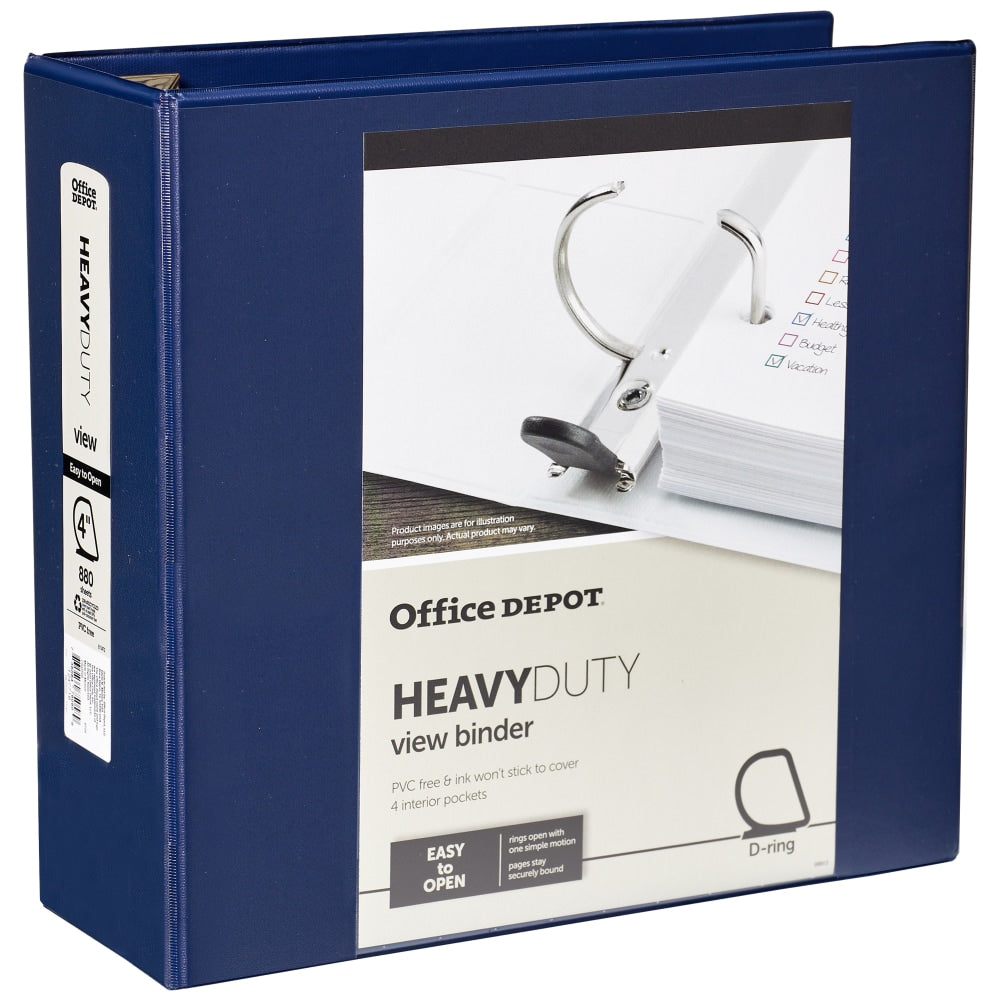 Office Depot Brand Heavy-Duty View 3-Ring Binder, 4in D-Rings, 54% Recycled, Navy