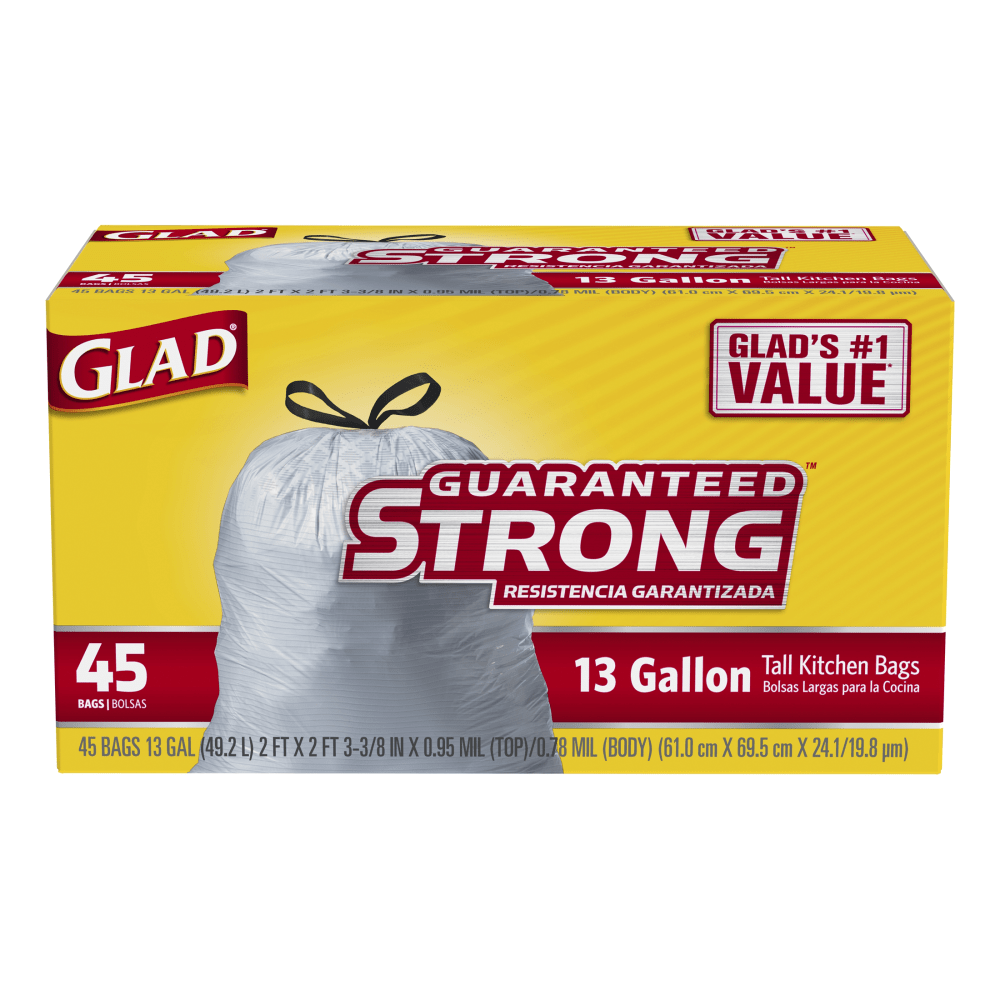 Glad Kitchen Tall 0.9-Mil Drawstring Bags, 13 Gallons, White, 45 Bags Per Box, Case Of 6 Boxes