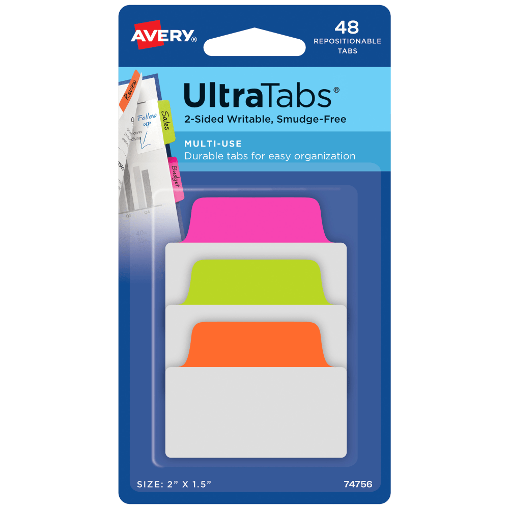 Avery Multiuse Ultra Tabs, 2-Side Writable, 2in x 1.5in, Neon Pink/Green/Orange, Pack Of 48 Repositionable Tabs