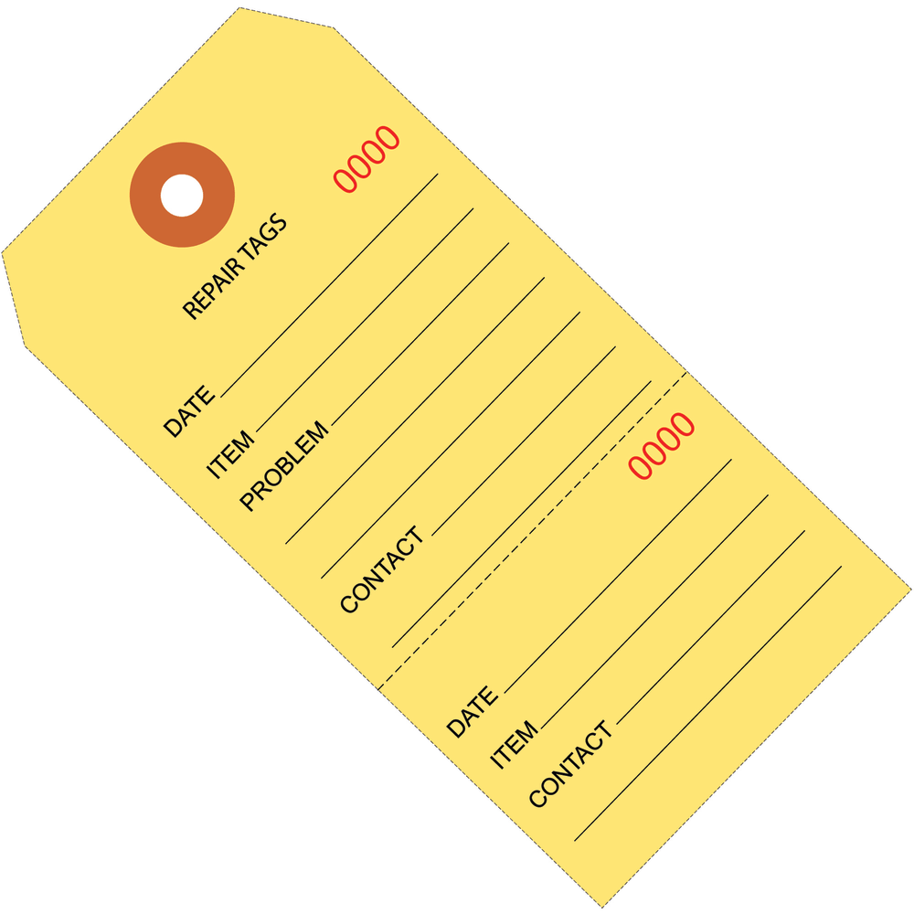 Partners Brand Consecutively Numbered Repair Tags, 4 3/4in x 2 3/8in, 100% Recycled, Yellow, Case Of 1,000