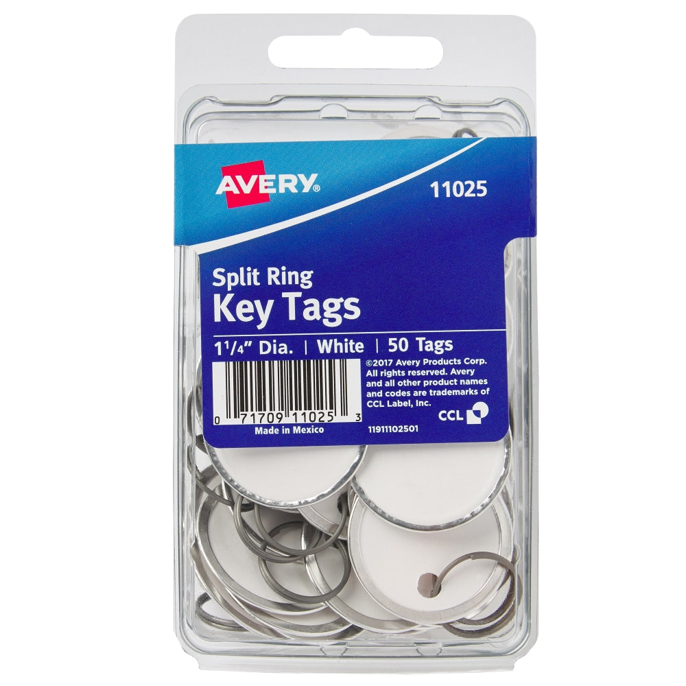 Avery Metal Rim Key Tags With Metal Split Ring, 1-1/4in Diameter, White, Pack Of 50
