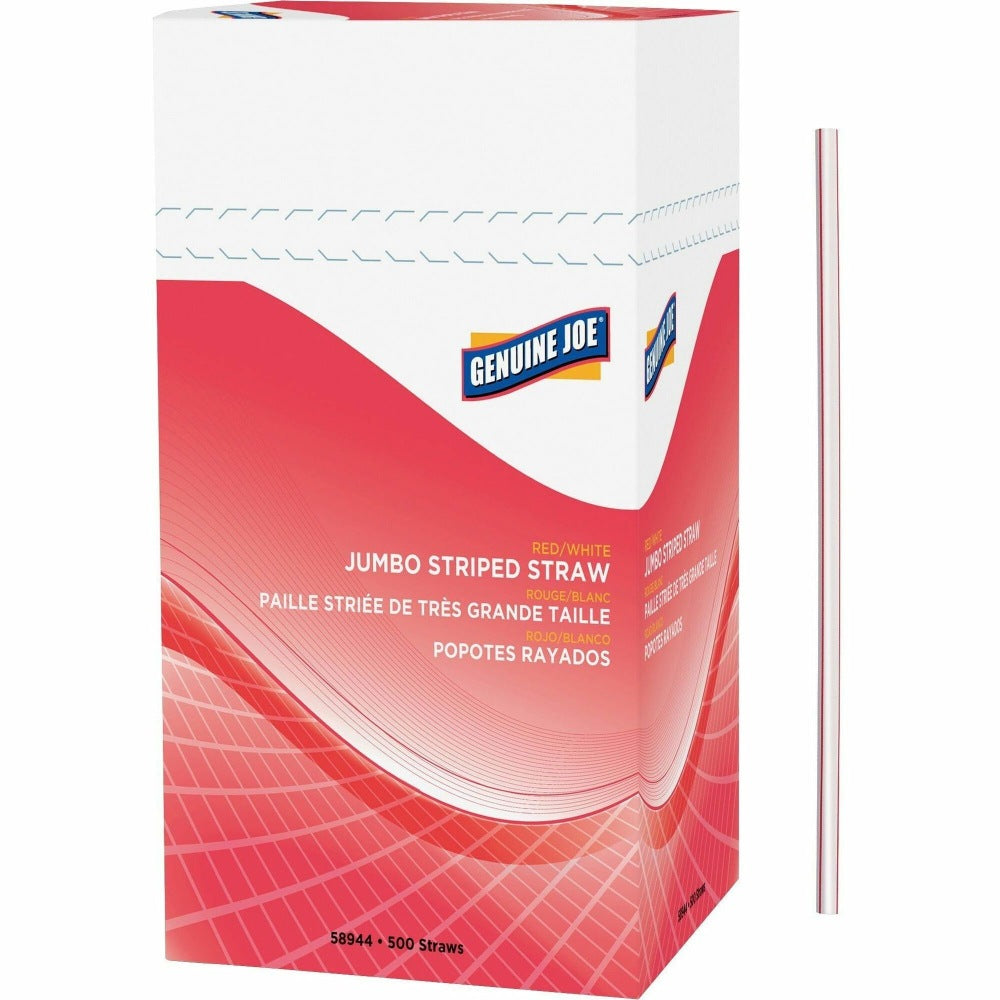 Genuine Joe Jumbo Striped Straws - 7.8in Length - Plastic - 500 / Box - Red, White