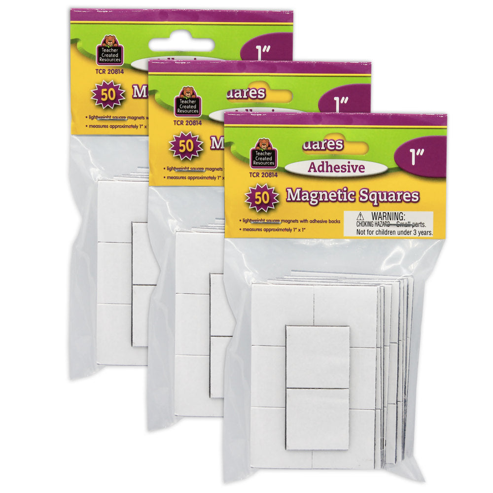 Teacher Created Resources Adhesive Magnetic Squares, 1in, Black, 50 Squares Per Pack, Set Of 3 Packs