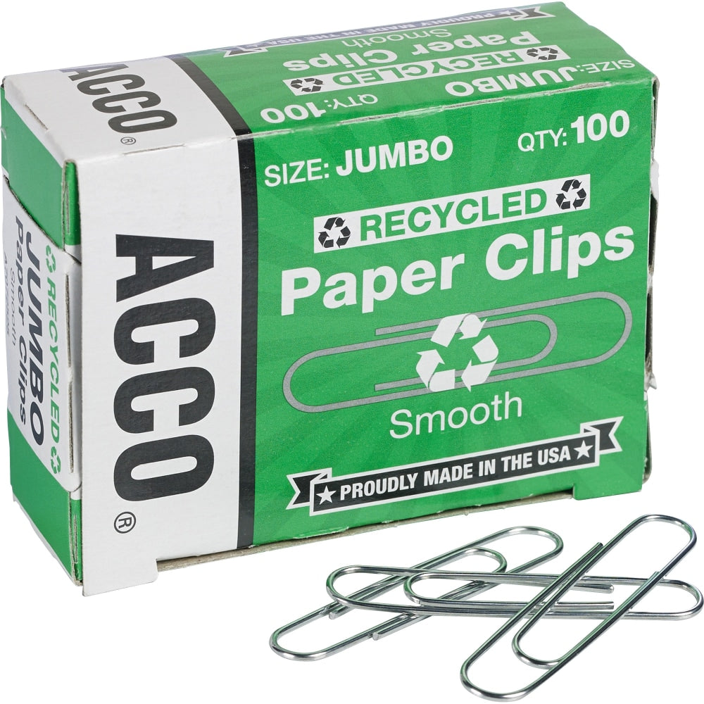 ACCO Paper Clips, 1000 Total, Jumbo, 90% Recycled, Silver, 100 Per Pack, Box Of 10 Packs