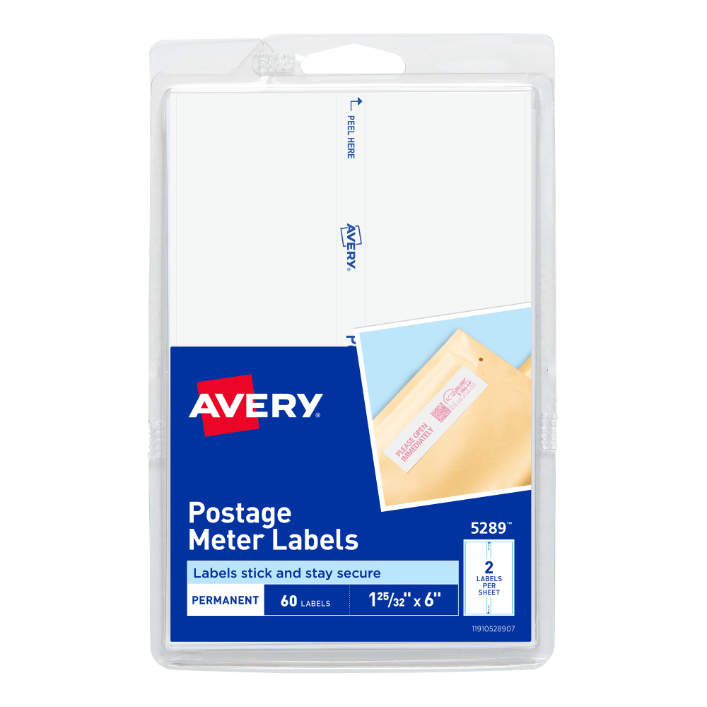 Avery Postage Meter Labels For Personal Post Office E700, 5289, 1 3/16in x 6in, White, Pack Of 60