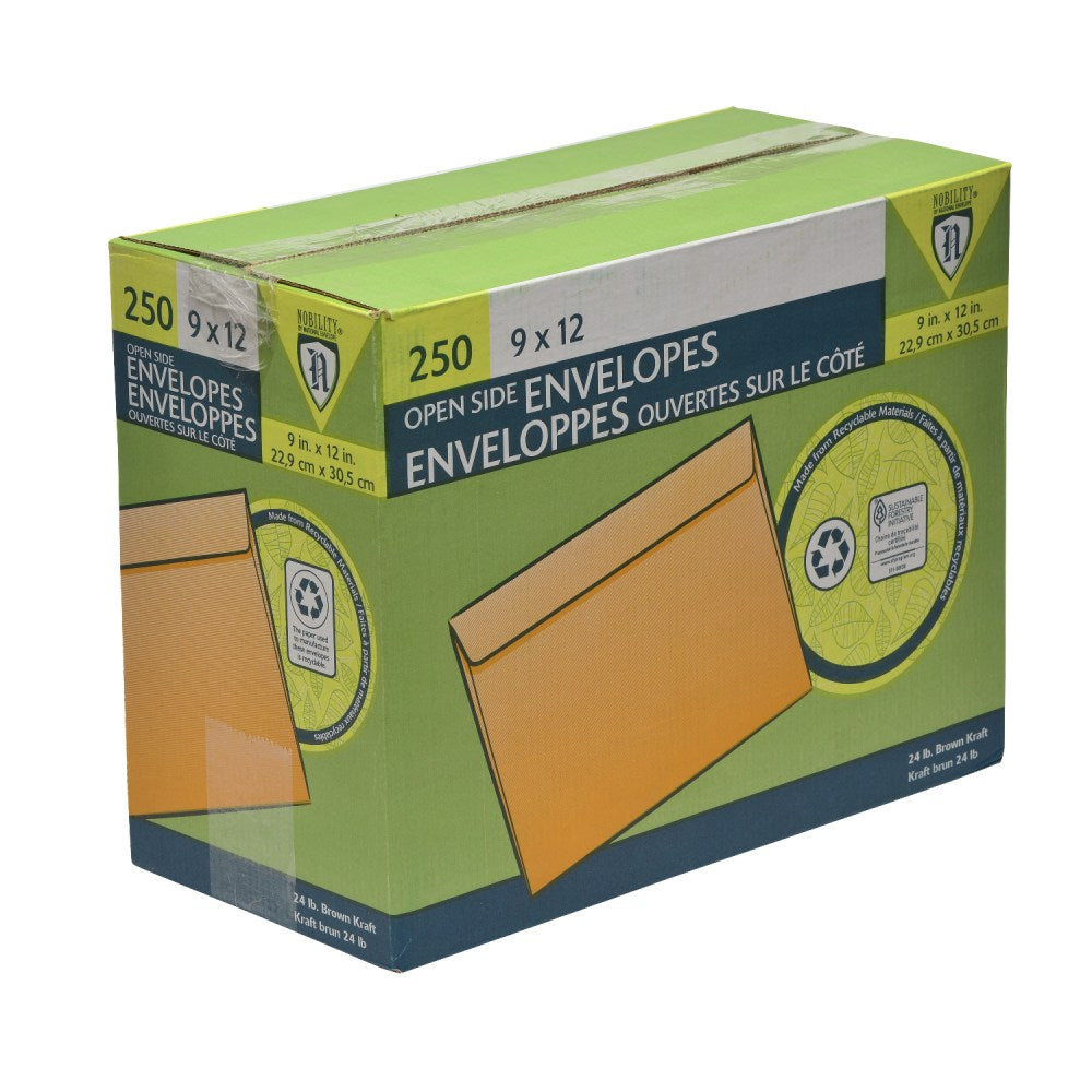 Nobility 9in x 12in Manila Envelopes, Gummed Seal, Brown Kraft, Pack Of 250
