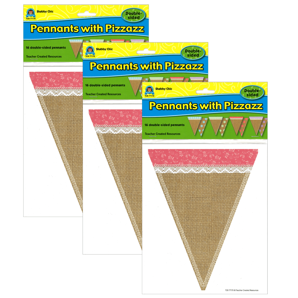 Teacher Created Resources Shabby Chic Double-Sided Pennants, 8-3/4inx 6-3/4in, Multicolor, 16 Pennants Per Pack, Set Of 3 Packs