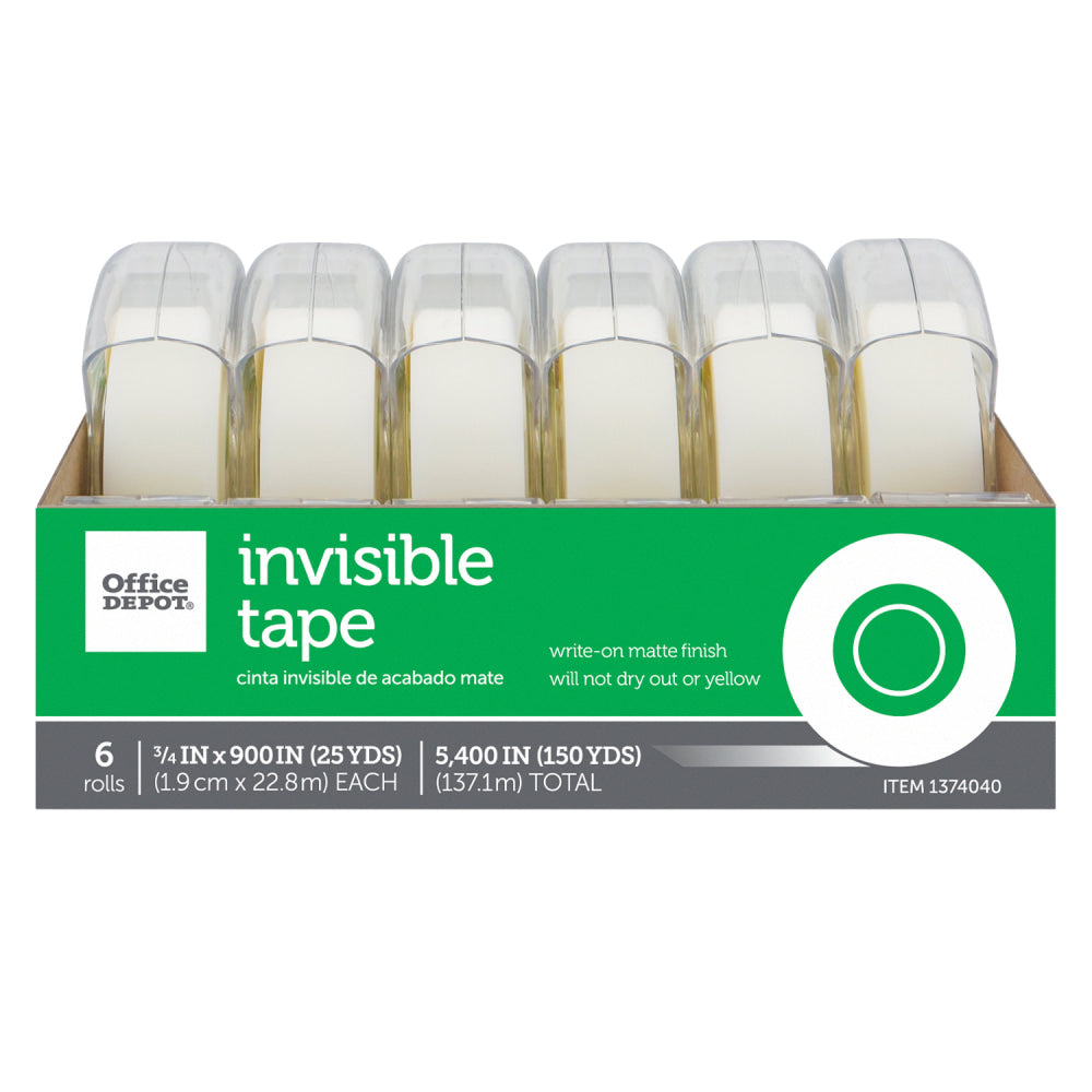 Office Depot Brand Invisible Tape With Dispenser, 3/4in x 900in,  Pack Of 6