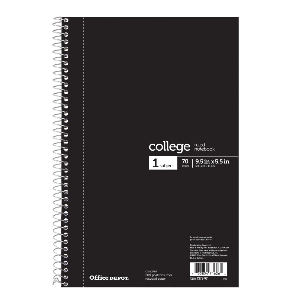 Office Depot Brand Notebook, 6in x 9 1/2in, 70 Sheets, College Ruled, Black
