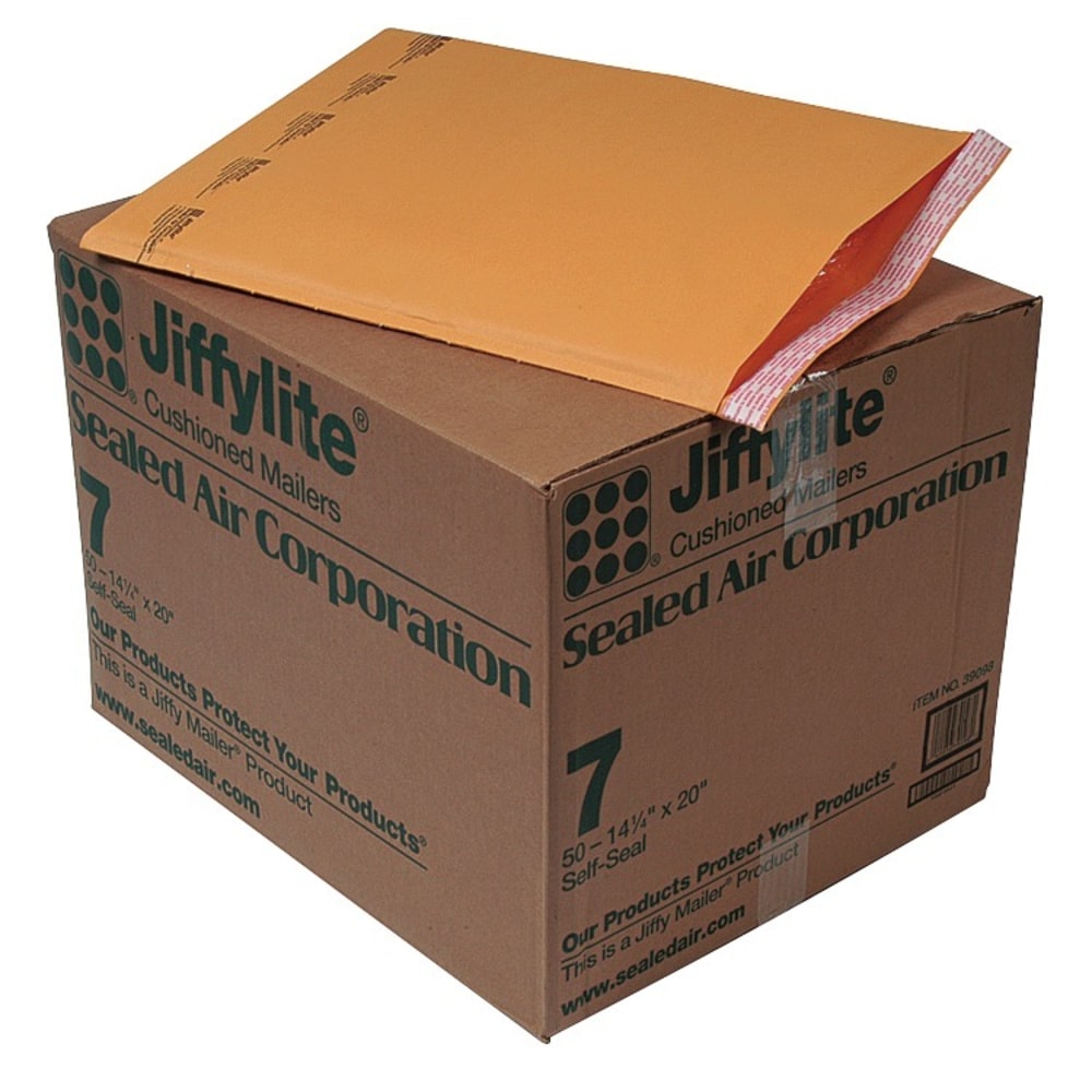 Sealed Air Self-Seal Bubble Mailers, 14 1/4in x 20in, Kraft, Case Of 50