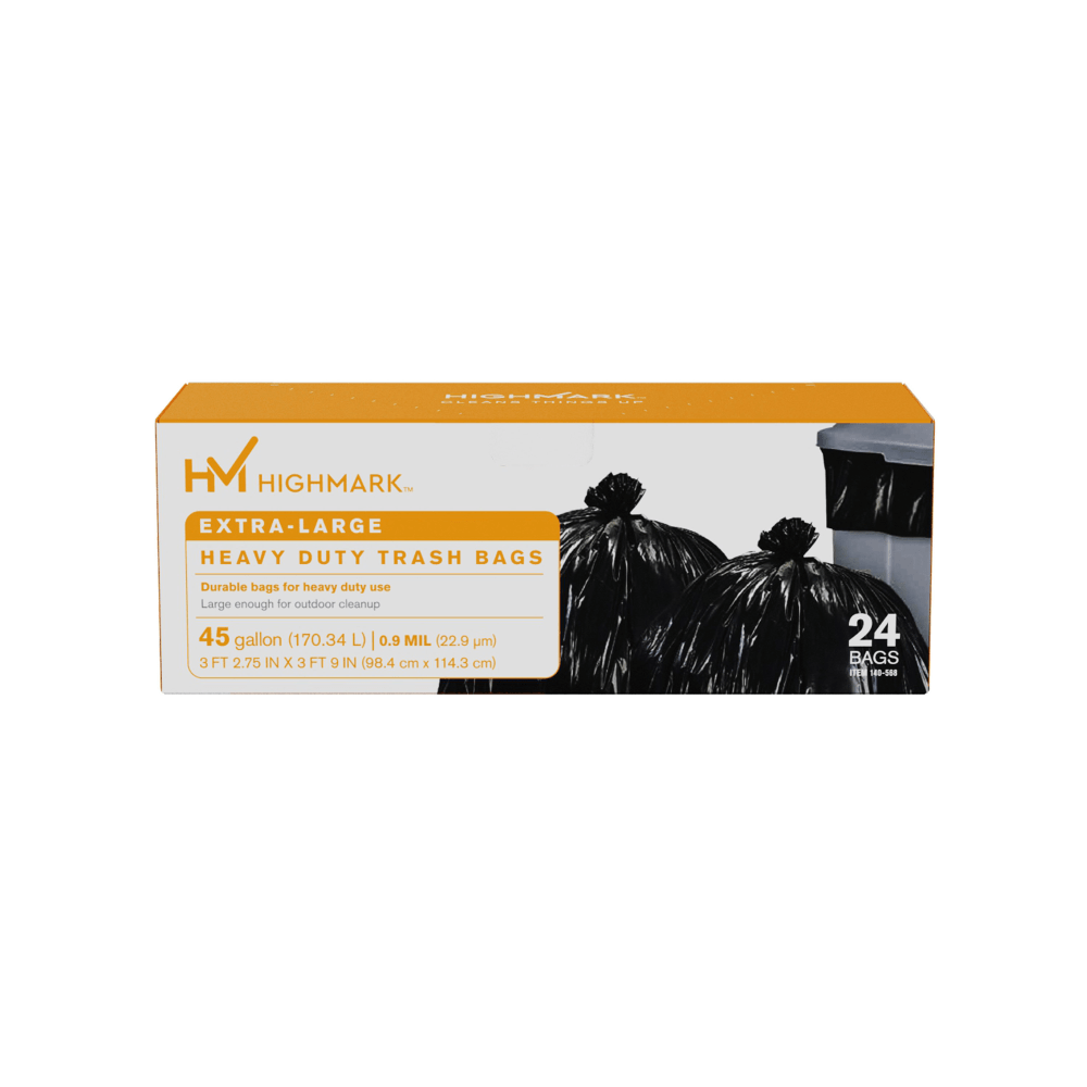 Highmark Heavy Duty 0.9 mil. Extra-Large Trash Bags, 45 Gallon, 45in x 38.75in, Black, Box Of 24