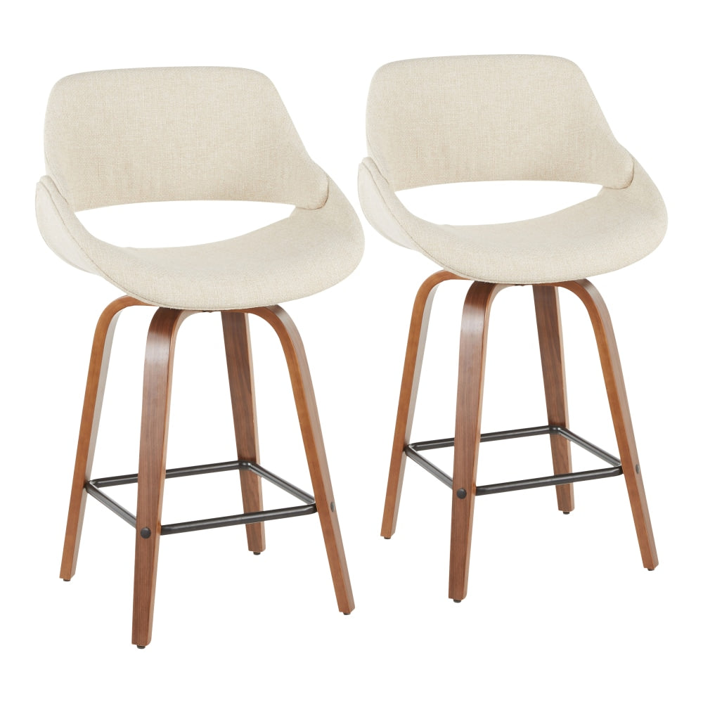 LumiSource Fabrico Counter Stools, Cream Seat/Walnut Frame/Black Square Footrest, Set Of 2 Stools