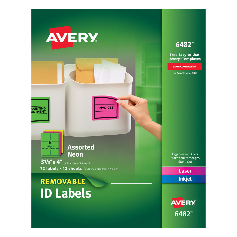 Avery Removable Laser/Inkjet Organization Labels, AVE6482, 3 1/3in x 4in, Assorted Colors, Pack Of 72
